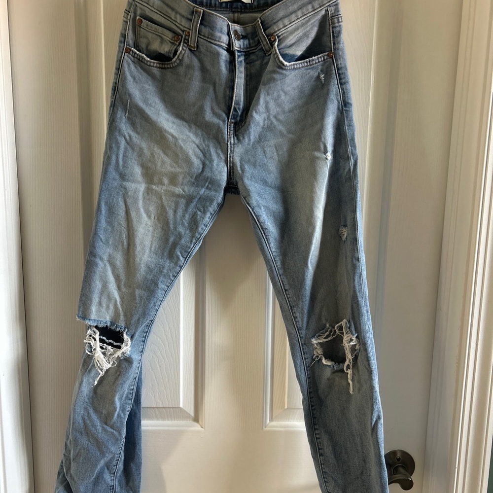 Women's Light Blue Ripped Straight Leg Jeans